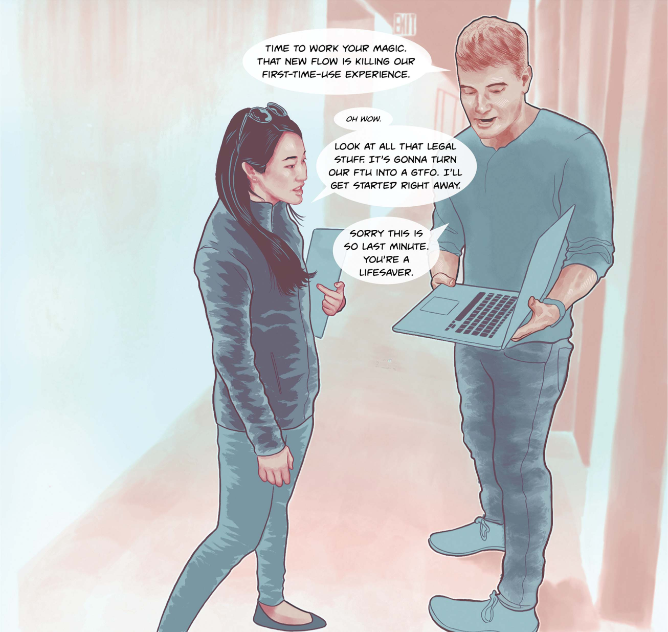 Hallway chat, full panel drawing. The product manager shows the interaction designer something on his laptop.