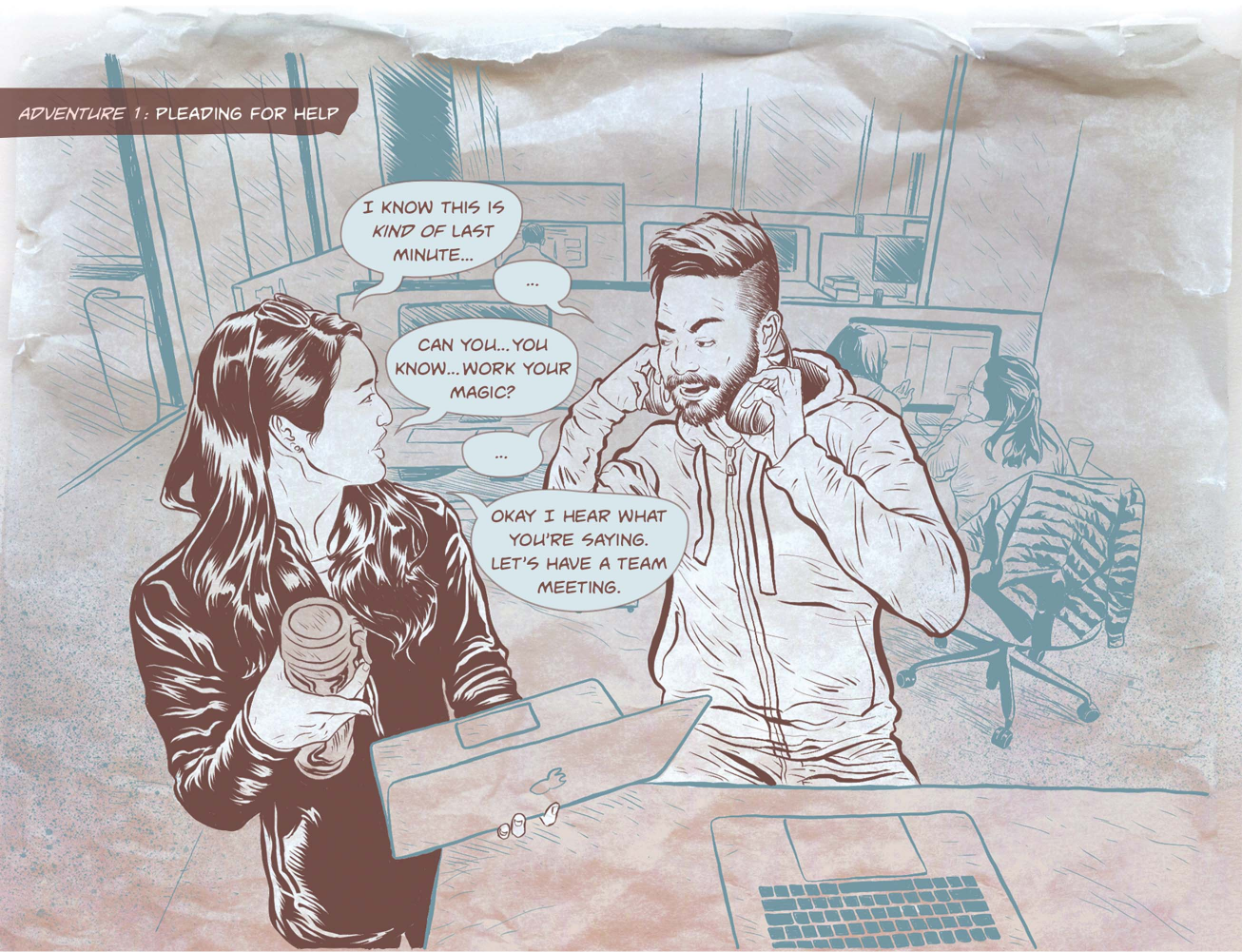 Drawing of interaction designer holding a coffee and her laptop, standing next to the visual designer, who takes off his headphones