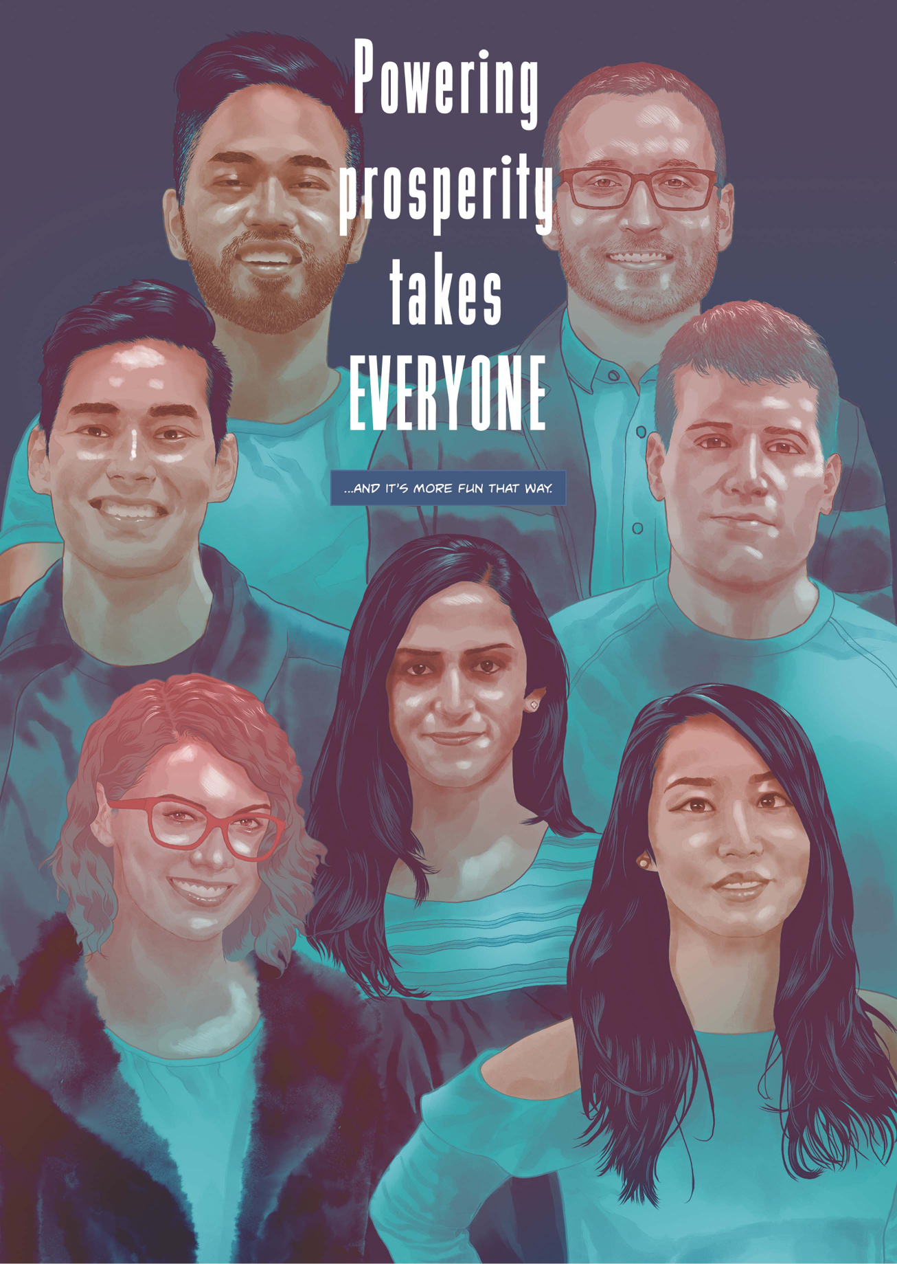Illustration of 7 diverse people smiling, with the text 