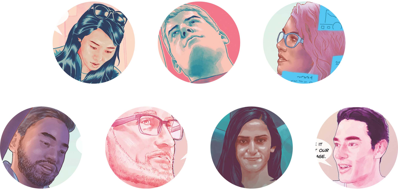 Faces of the seven team members in various colors—namely shades of pink and teal.
